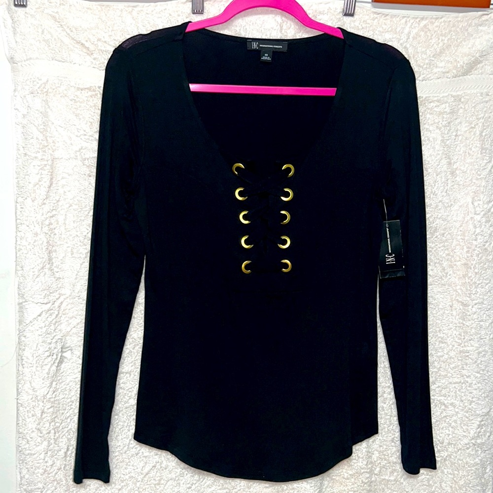 Brand New Inc Sexy Long Sleeve String Tie Front Black Xsmall